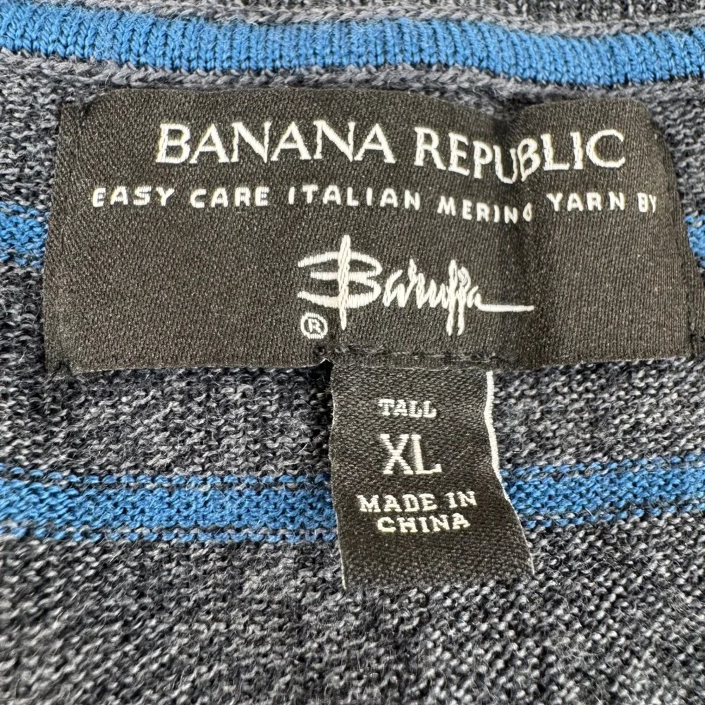 Banana Republic V-Neck Sweater Men XL Tall Gray Blue Striped Merino Wool Baruffa